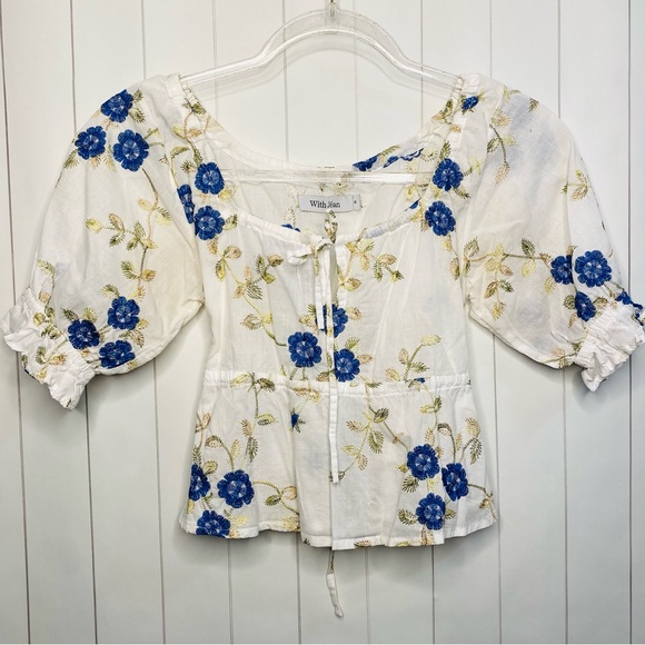 With Jean Floral Embroidery Milkmaid Belle Top Cotton Linen Cottage Vintage S - Picture 2 of 6